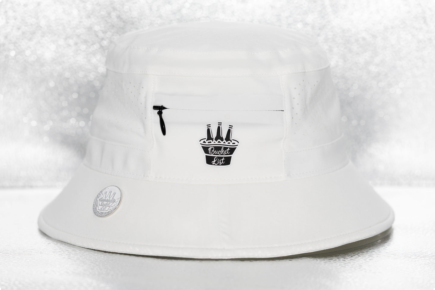 White bucket hat with black logo on a white background