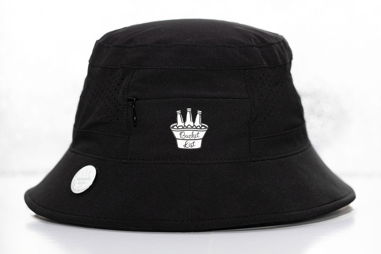 Black bucket hat with a logo on a white background