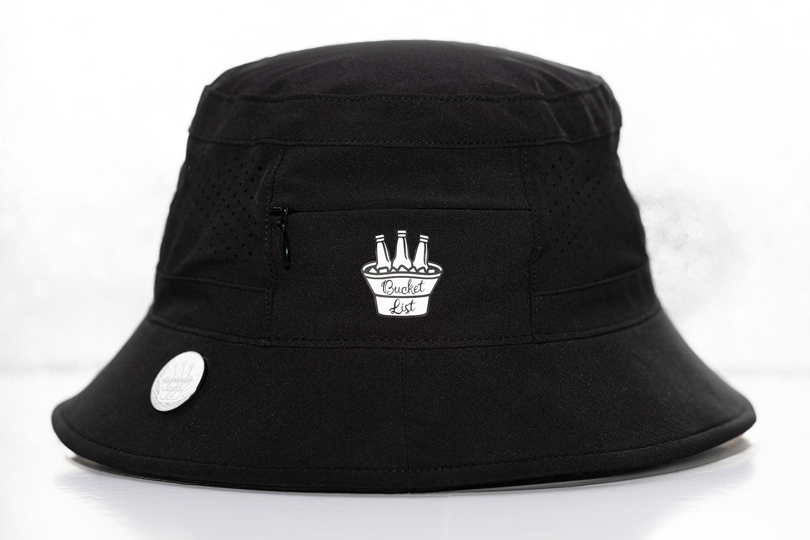 Black bucket hat with a logo on a white background
