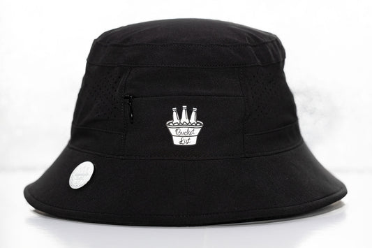 Black bucket hat with a logo on a white background