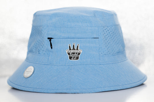Light blue bucket hat with black and white logo on a white background